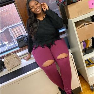 Full Set(Black Sweater and Burgundy Ripped Jeans)